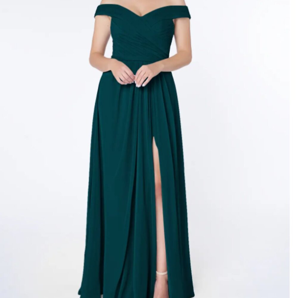 Azazie Audrianna Pine A-Line Off-The-Shoulder Gathered Chiffon Dress Size 14